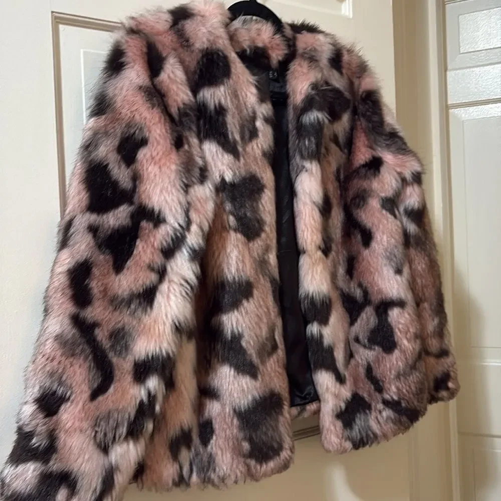 ASOS Faux Fur Leopard-Print Jacket in Pink and Black